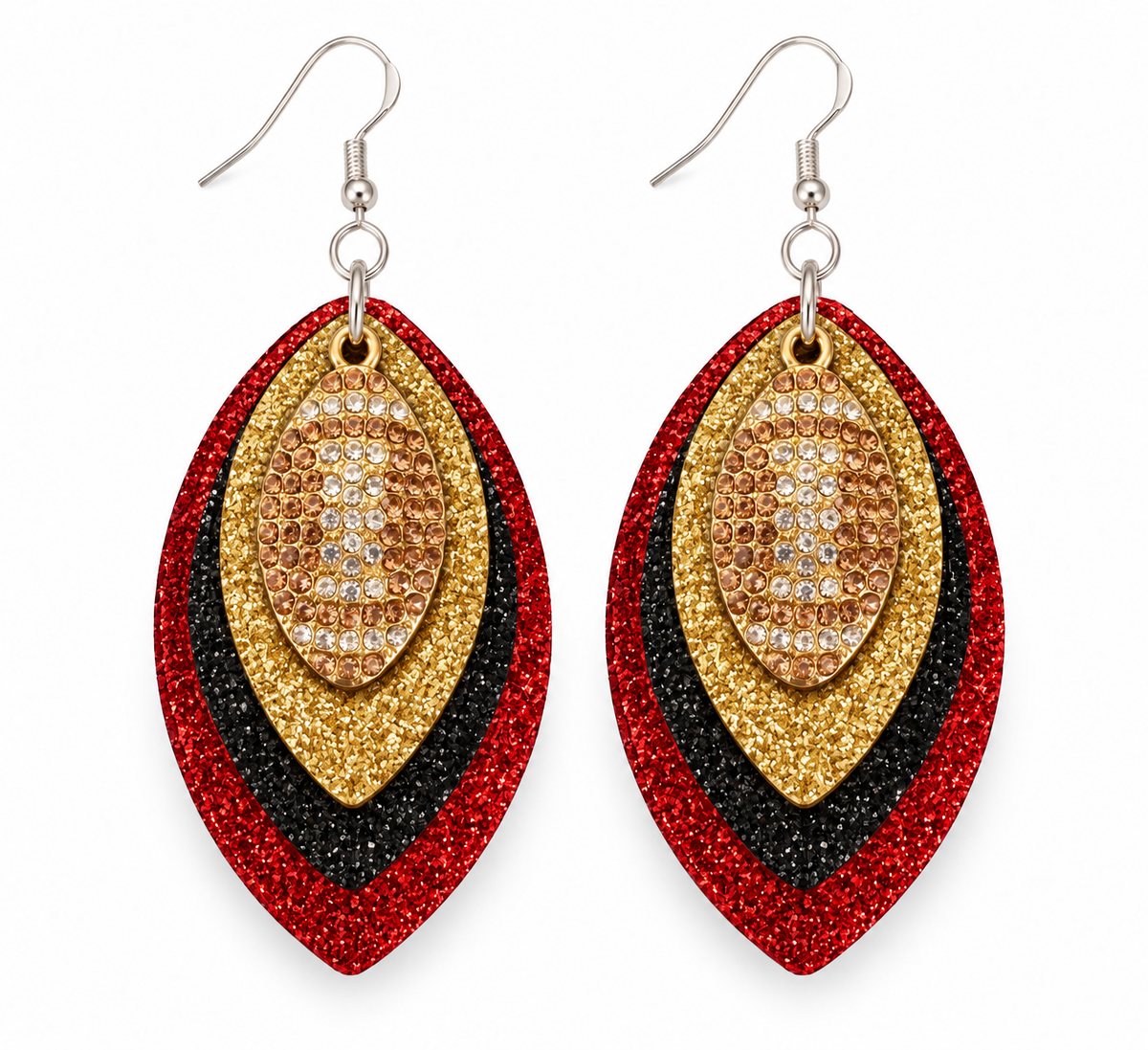 Game Day Red, Black & Gold Glitter Football Earrings
