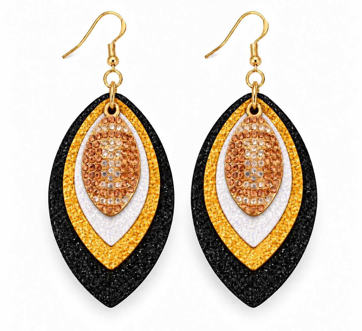 Game Day Black, Gold & White Glitter Football Earrings
