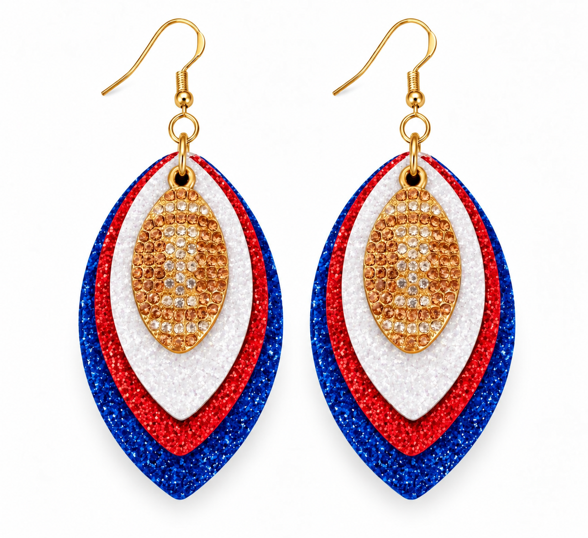Game Day Navy Blue, Red & White Glitter Football Earrings