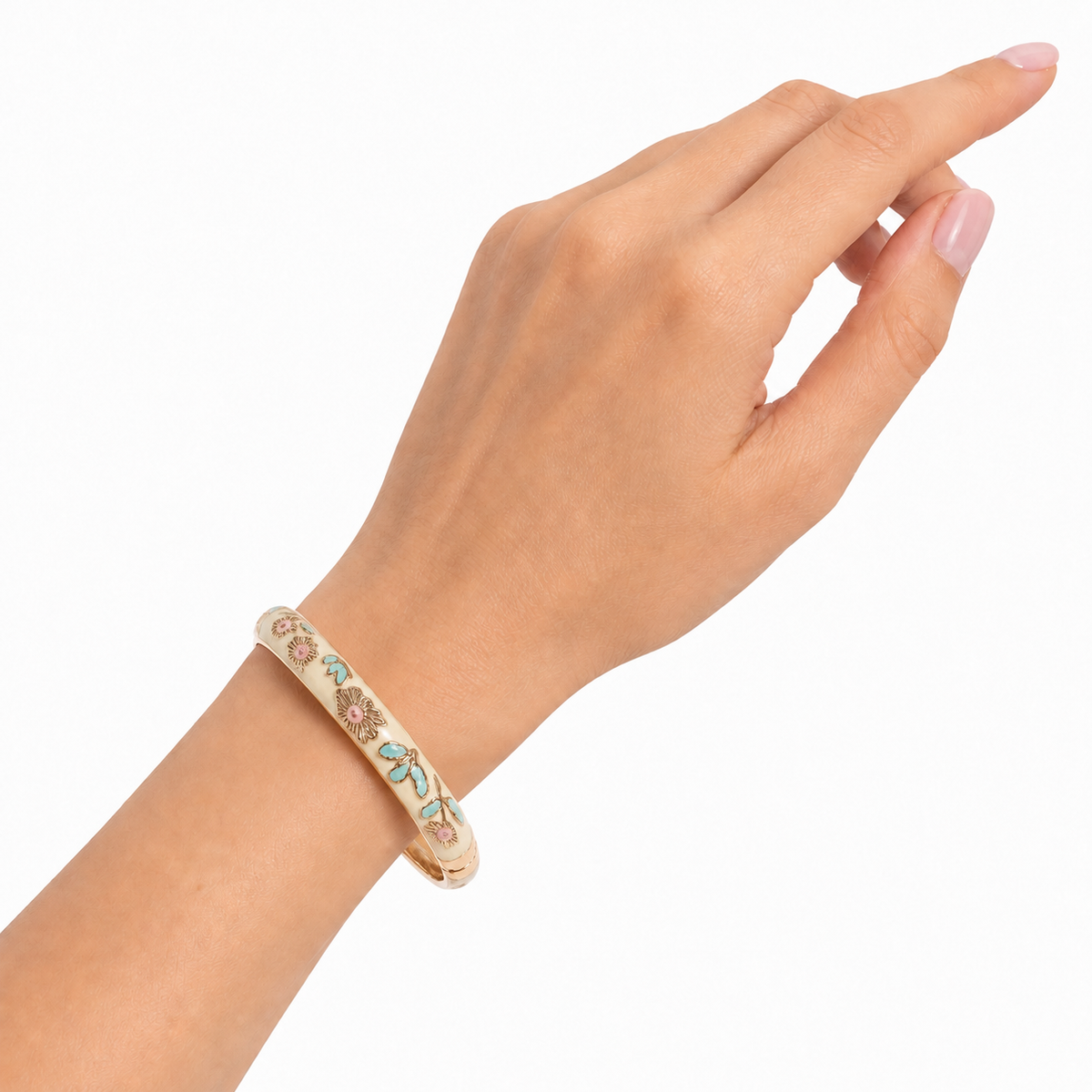 Gold-Tone Floral Enamel Hinged Bangle Bracelet