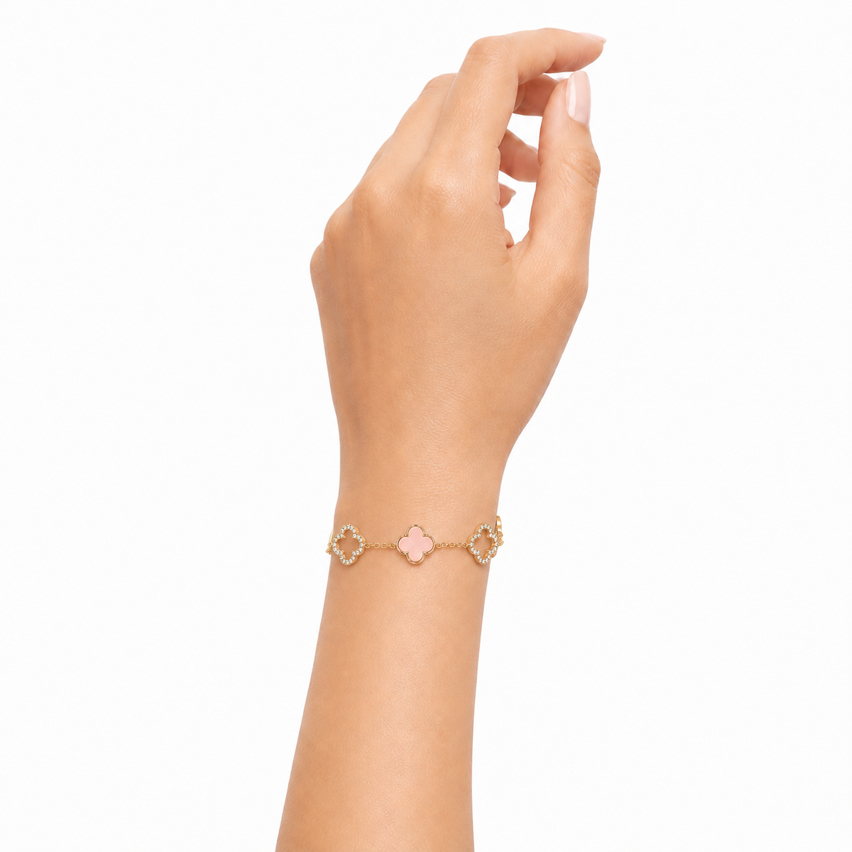 18K Gold Plated Pink and Rhinestone Clover Bracelet