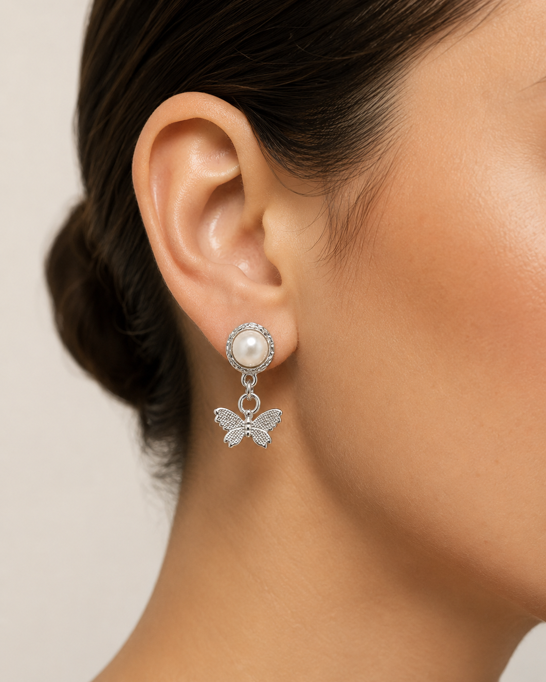 Silver-Tone Pearl & Butterfly Drop Earrings