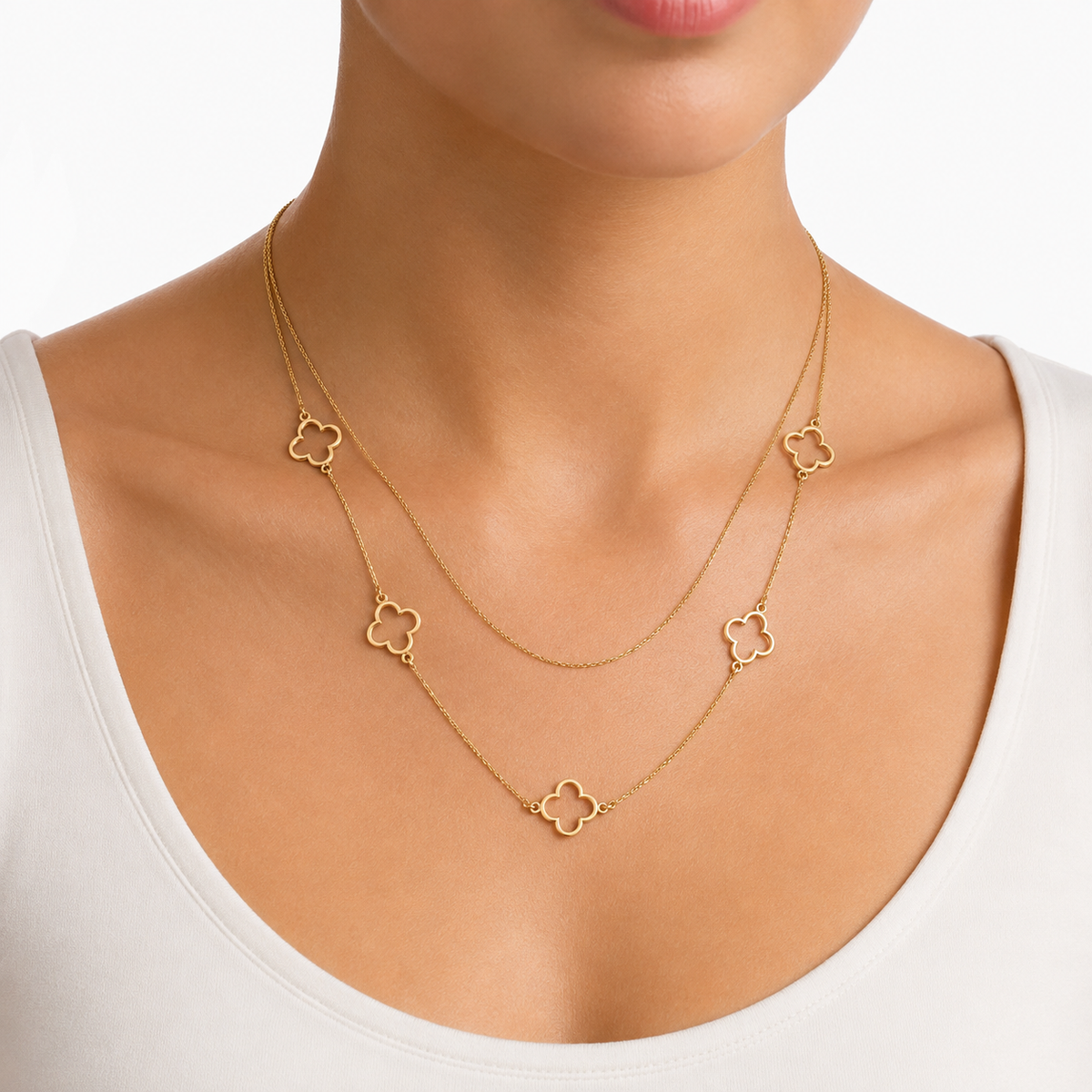 14K Gold-Plated Layered Open Clover Necklace