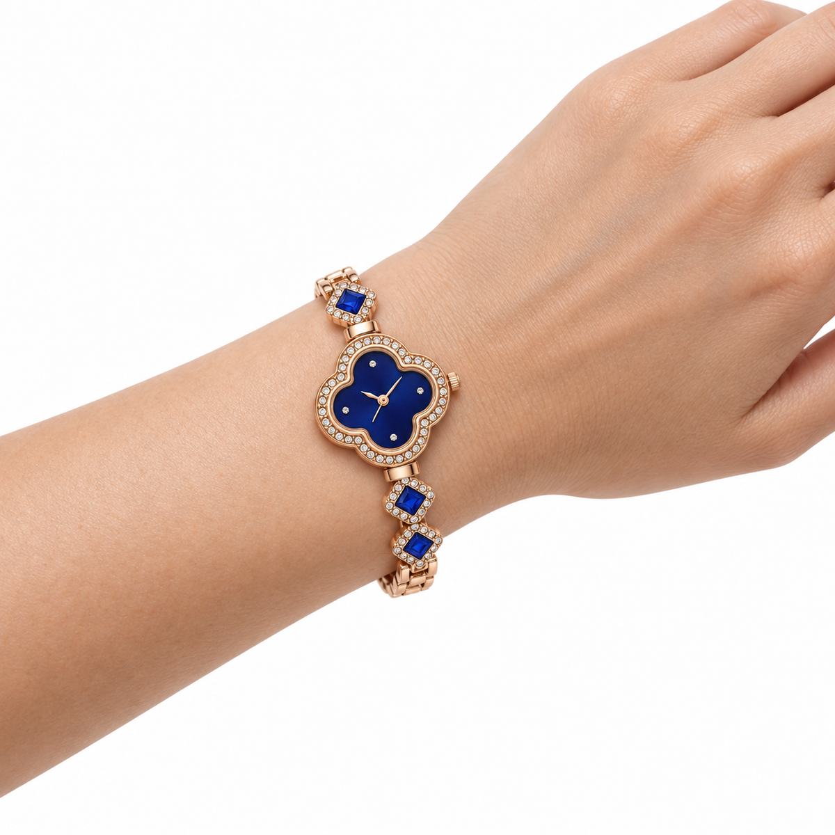Rose-Gold Four-Leaf Clover Blue Crystal Bracelet Watch