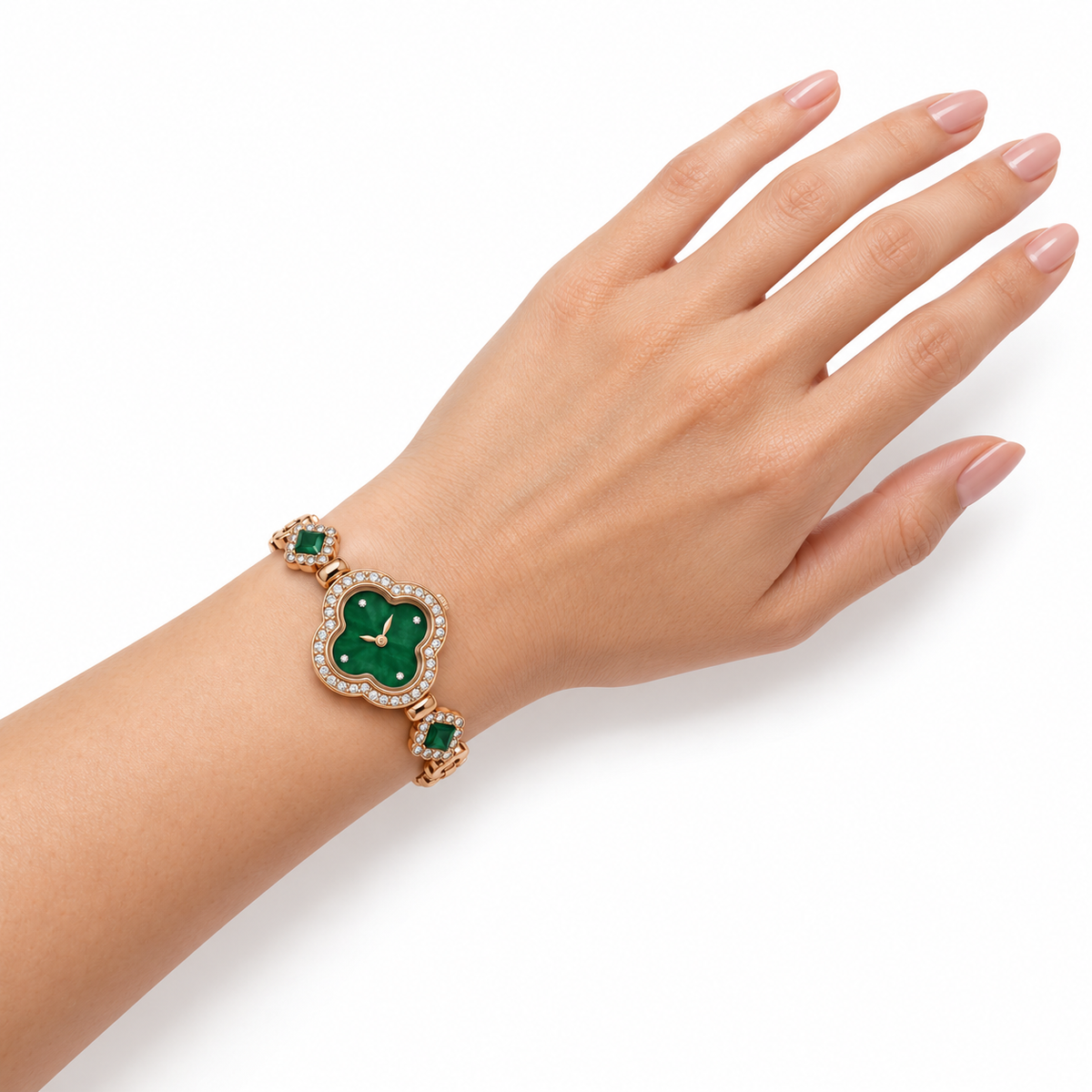 Rose-Gold Four-Leaf Clover Green Crystal Bracelet Watch