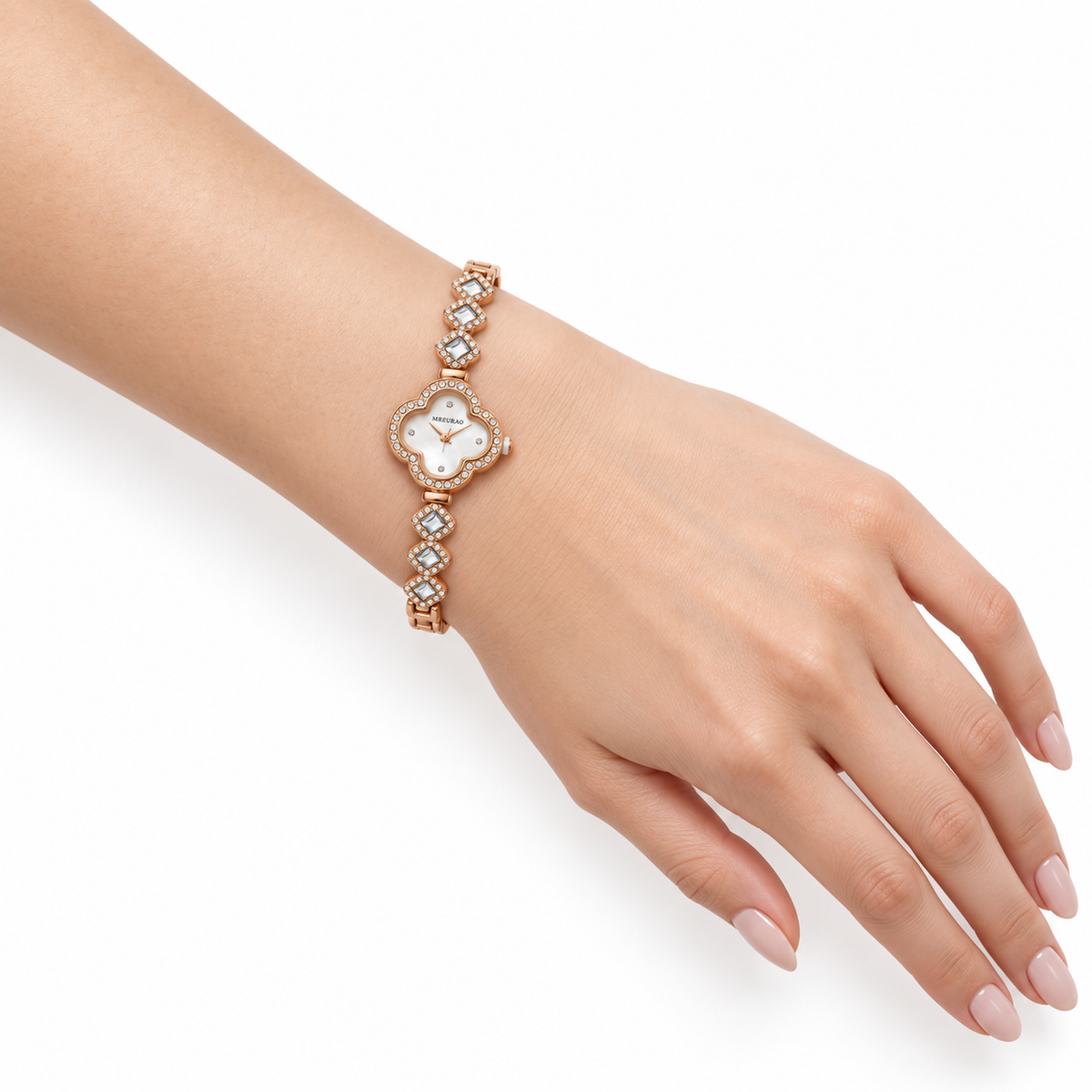 Rose-Gold Four-Leaf Clover White Crystal Bracelet Watch