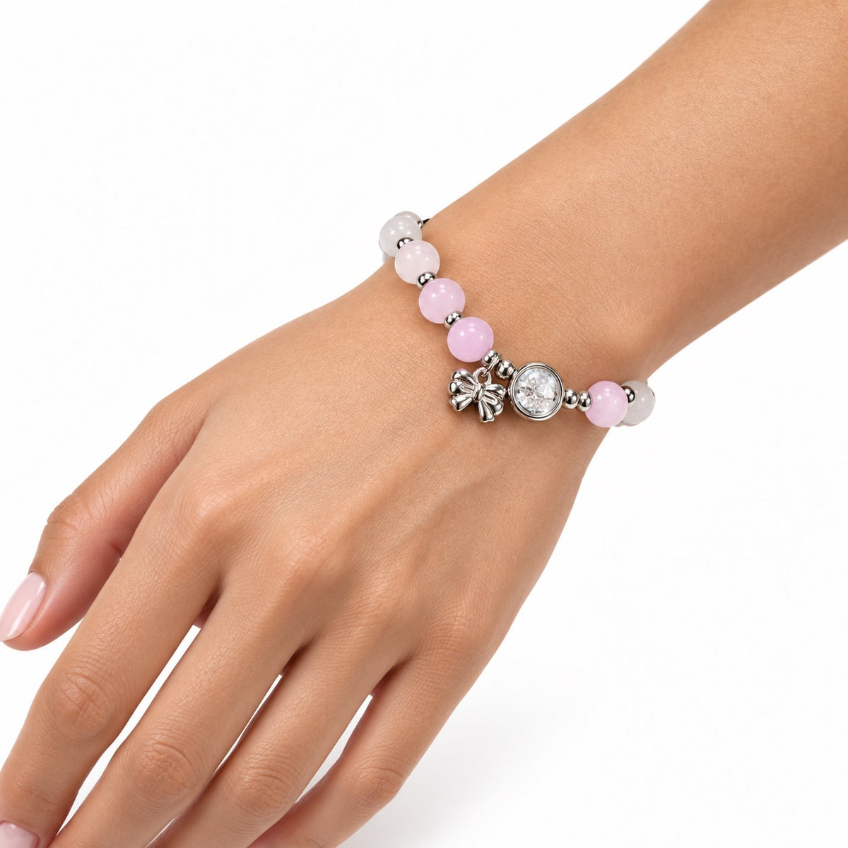 Pink and White Beaded Bow Charm Bracelet