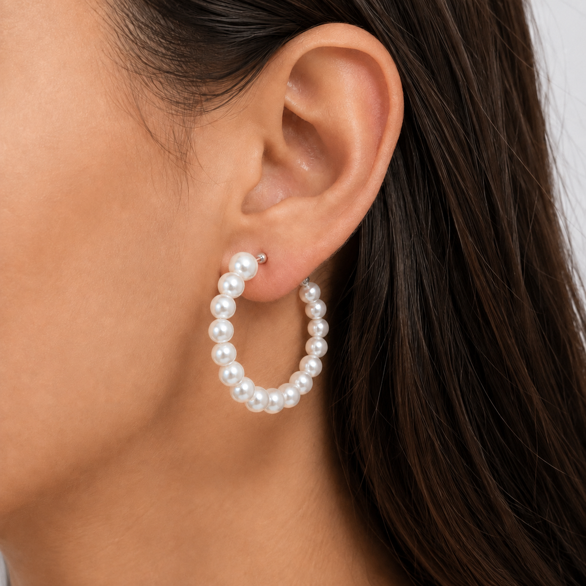 Silver-Tone Pearl Beaded Hoop Earrings