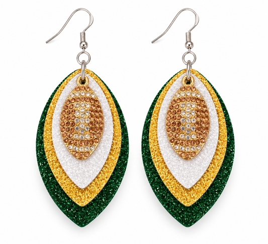 Game Day Green, Gold & White Glitter Football Earrings