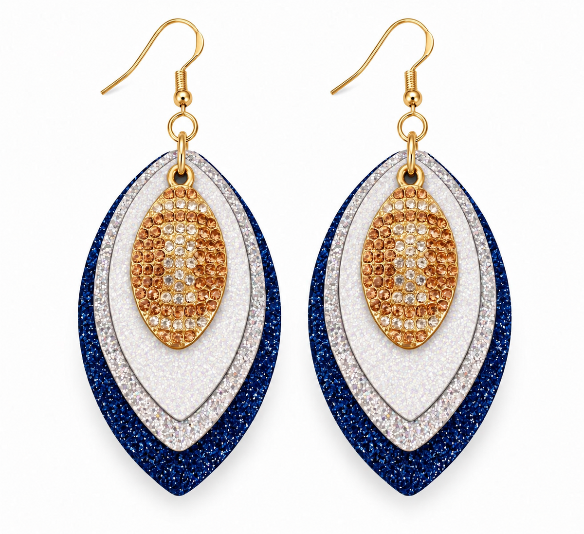 Game Day Navy Blue, Silver & White Glitter Football Earrings