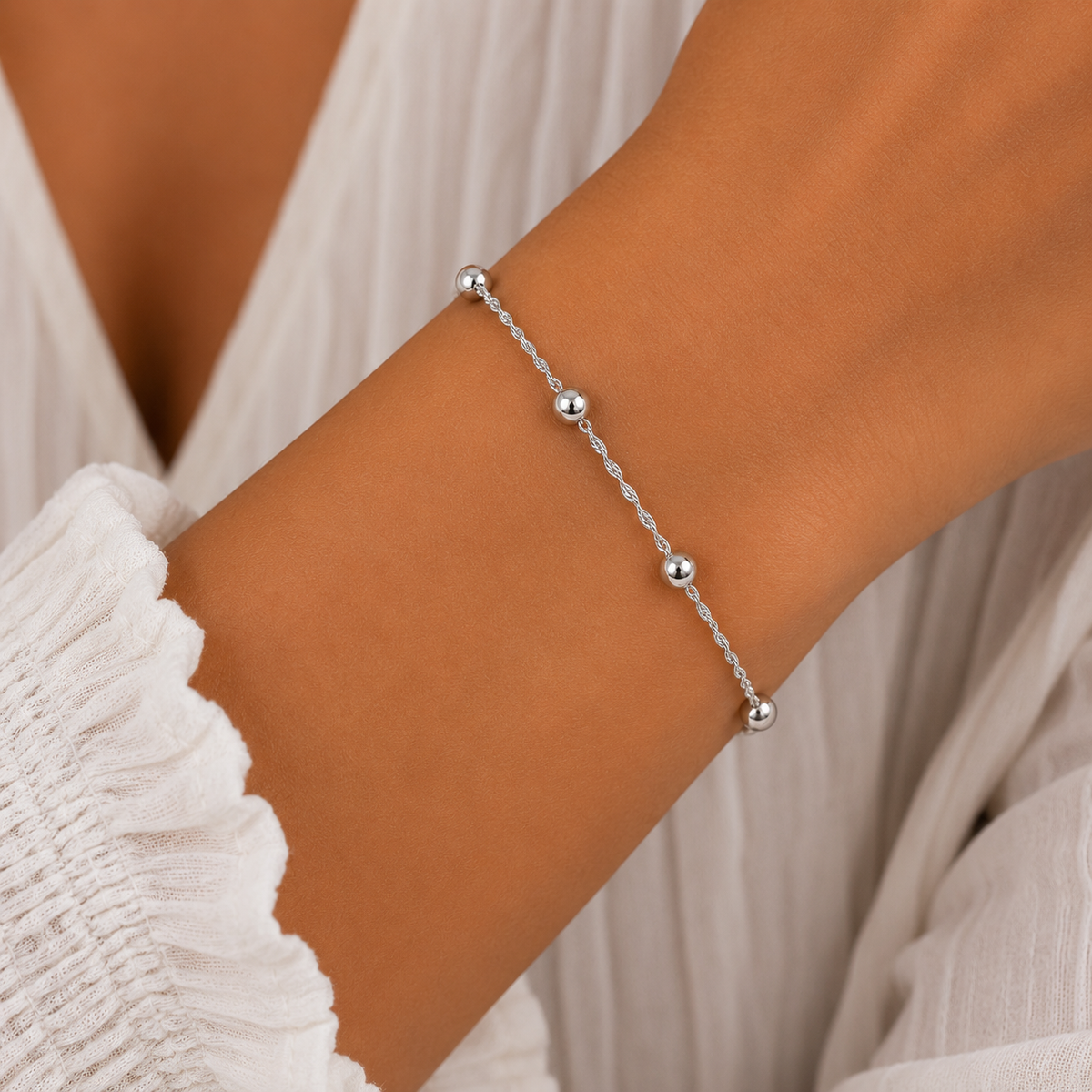 Silver-Tone Beaded Rope Chain Bracelet