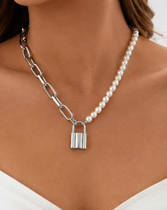 Silver-Tone Pearl & Paperclip Chain Lock Necklace