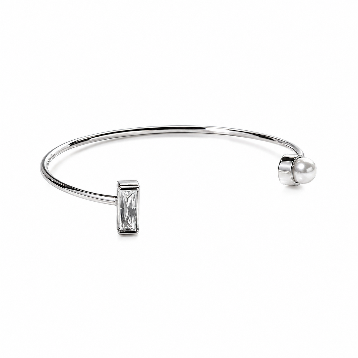 Silver-Tone Rhinestone &amp; Pearl Open Cuff Bracelet