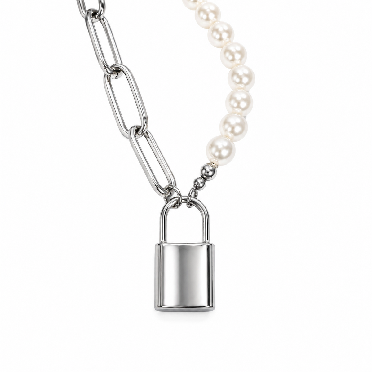 Silver-Tone Pearl & Paperclip Chain Lock Necklace