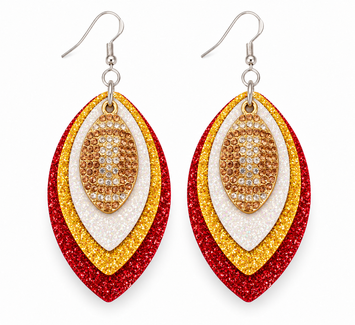 Game Day Red, Gold, & White Glitter Football Earrings