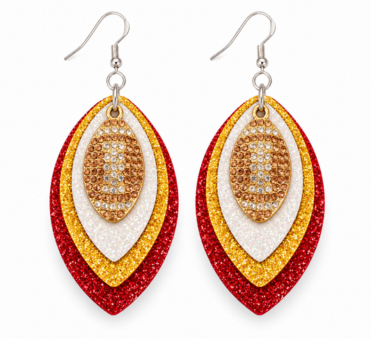 Game Day Red, Gold, & White Glitter Football Earrings