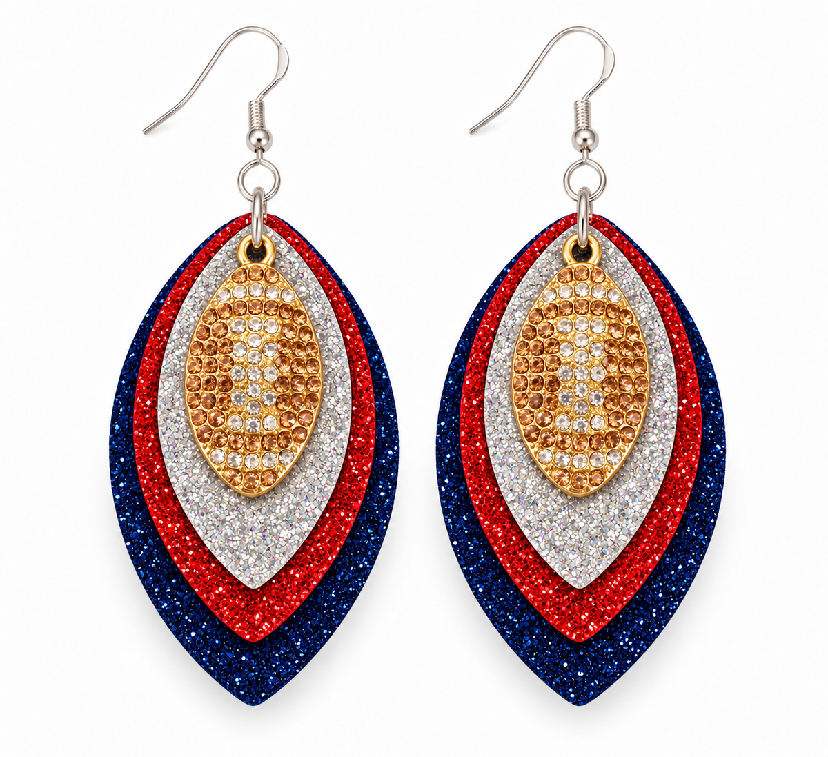 Game Day Navy Blue, Red & Silver Glitter Football Earrings