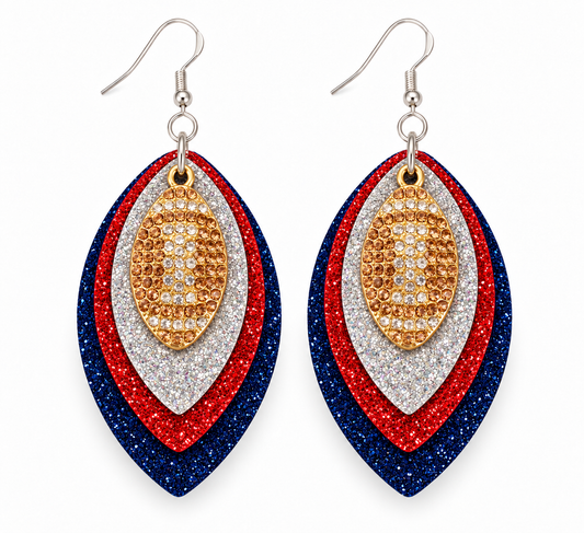 Game Day Navy Blue, Red & Silver Glitter Football Earrings