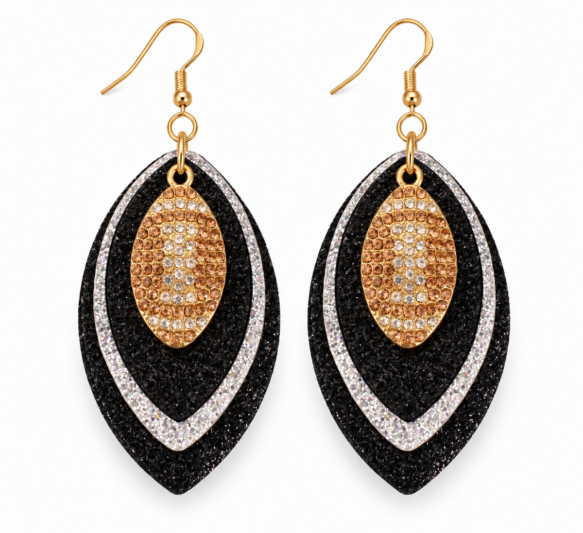 Game Day Black, Silver & Black Glitter Football Earrings