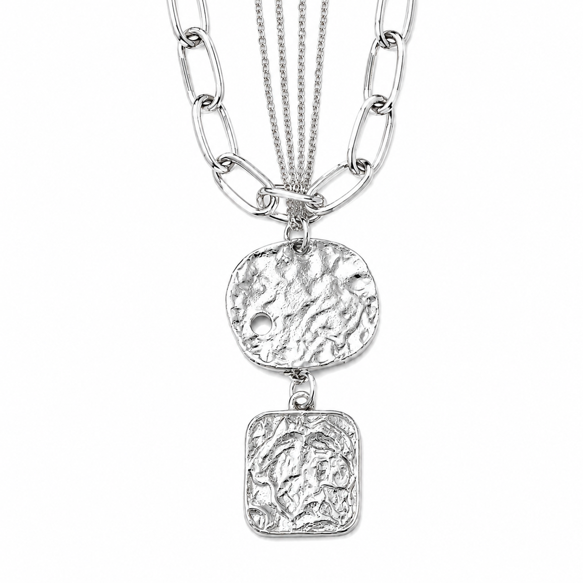 Silver-Tone 3 Layered Hammered Pendant Necklace