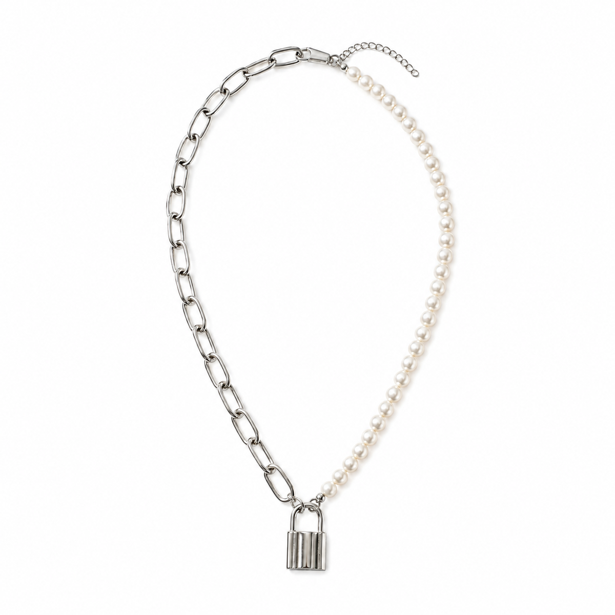 Silver-Tone Pearl & Paperclip Chain Lock Necklace