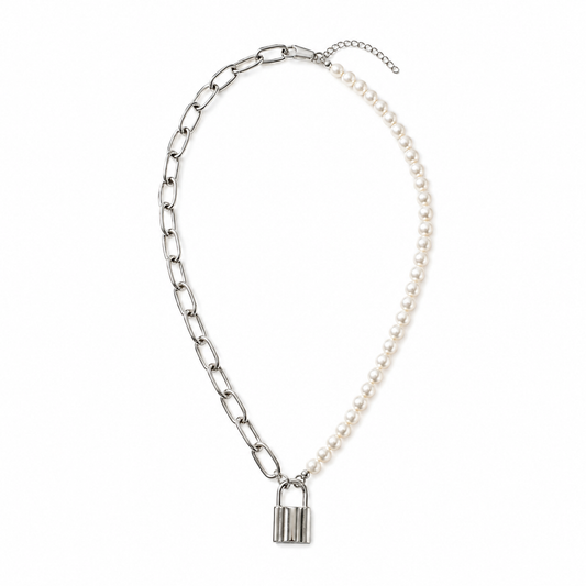 Silver-Tone Pearl & Paperclip Chain Lock Necklace