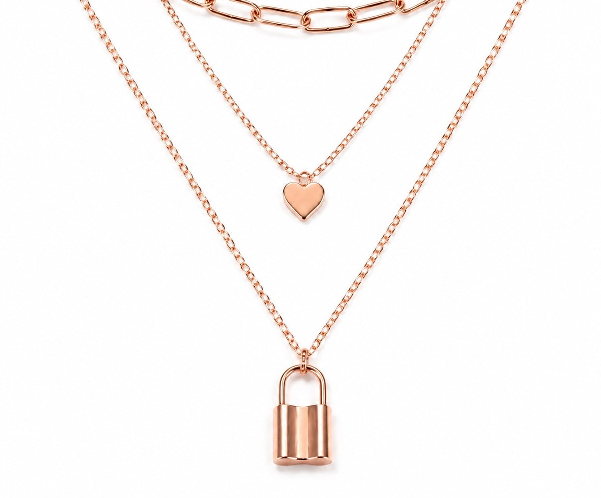 Rose-Gold Layered Heart & Lock Necklace