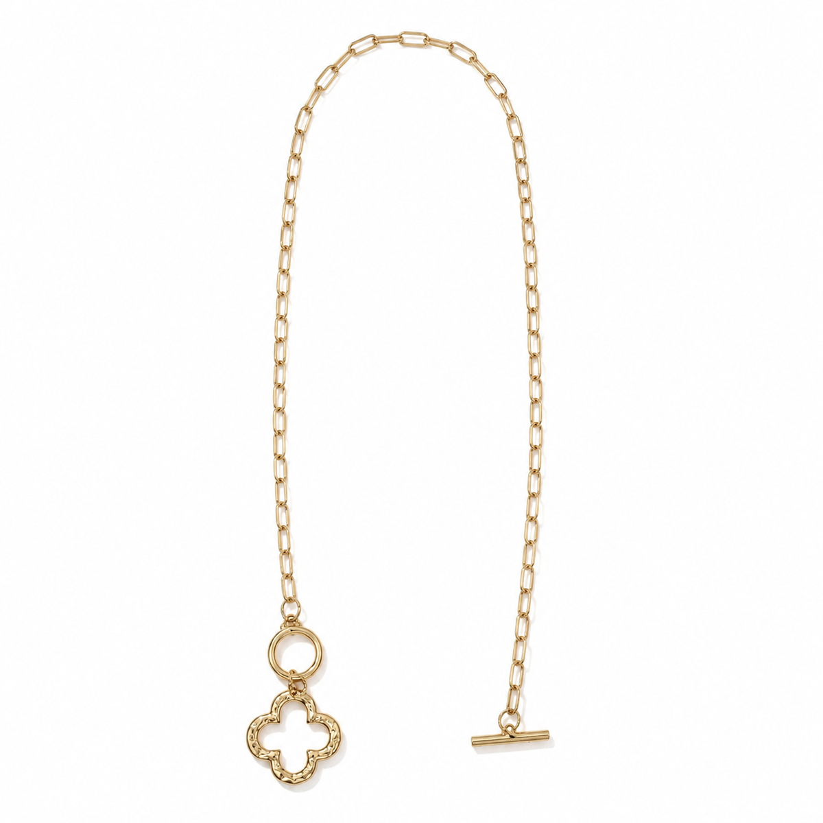 14K Gold-Plated Hammered Clover Paperclip Necklace