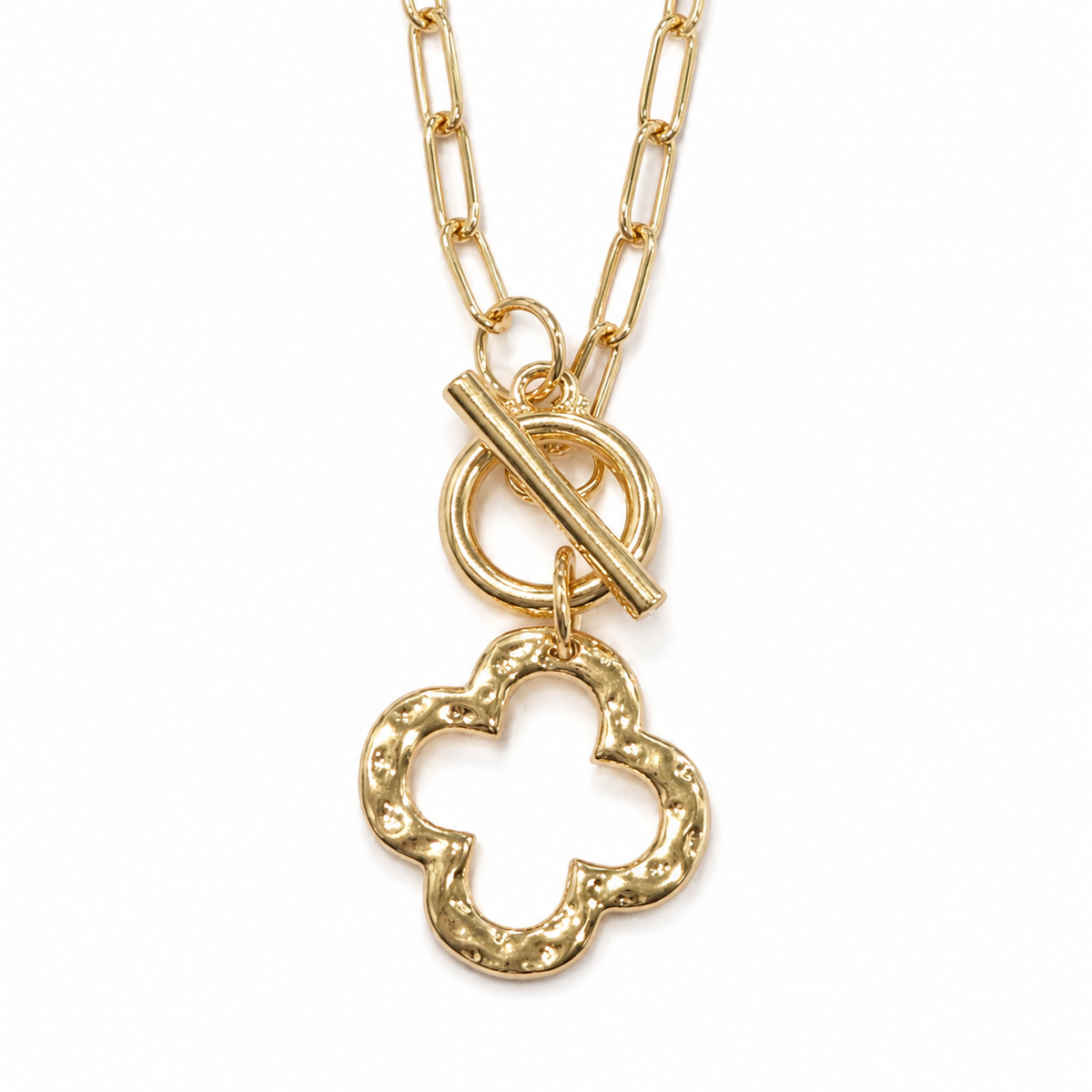 14K Gold-Plated Hammered Clover Paperclip Necklace