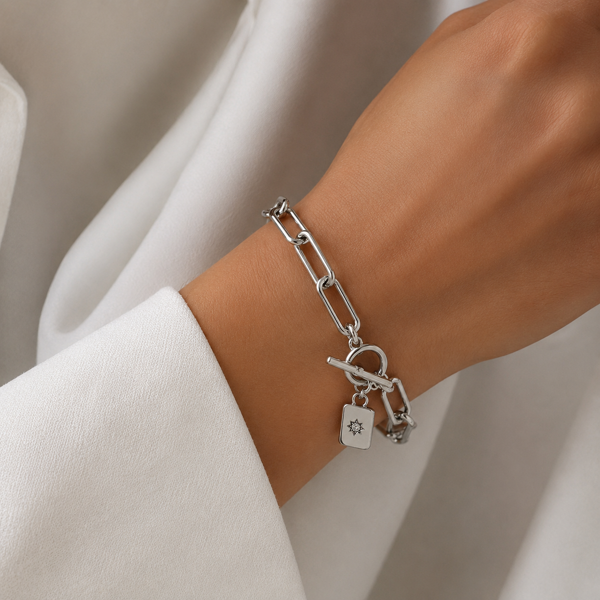 Silver Paperclip Chain Toggle Bracelet