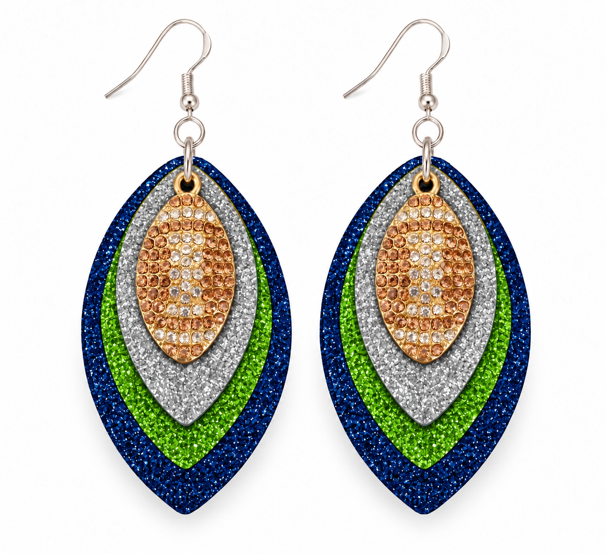 Game Day Navy Blue, Green & Silver Glitter Football Earrings