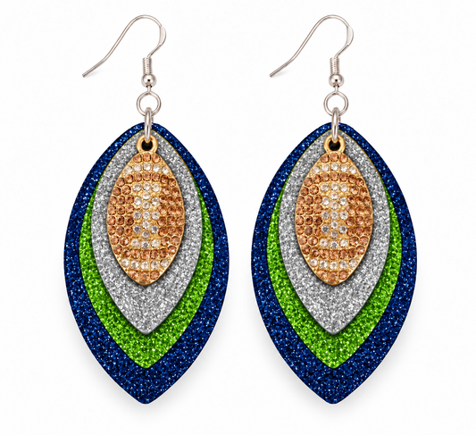 Game Day Navy Blue, Green & Silver Glitter Football Earrings
