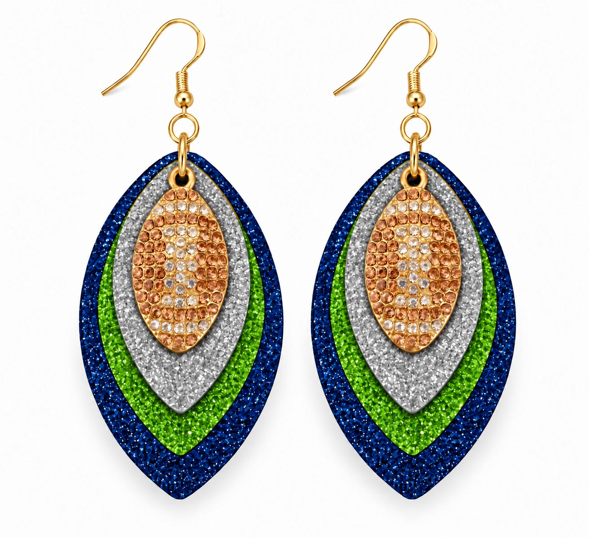 Game Day Navy Blue, Green & Silver Glitter Football Earrings