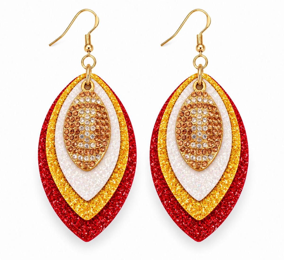Game Day Red, Gold, & White Glitter Football Earrings