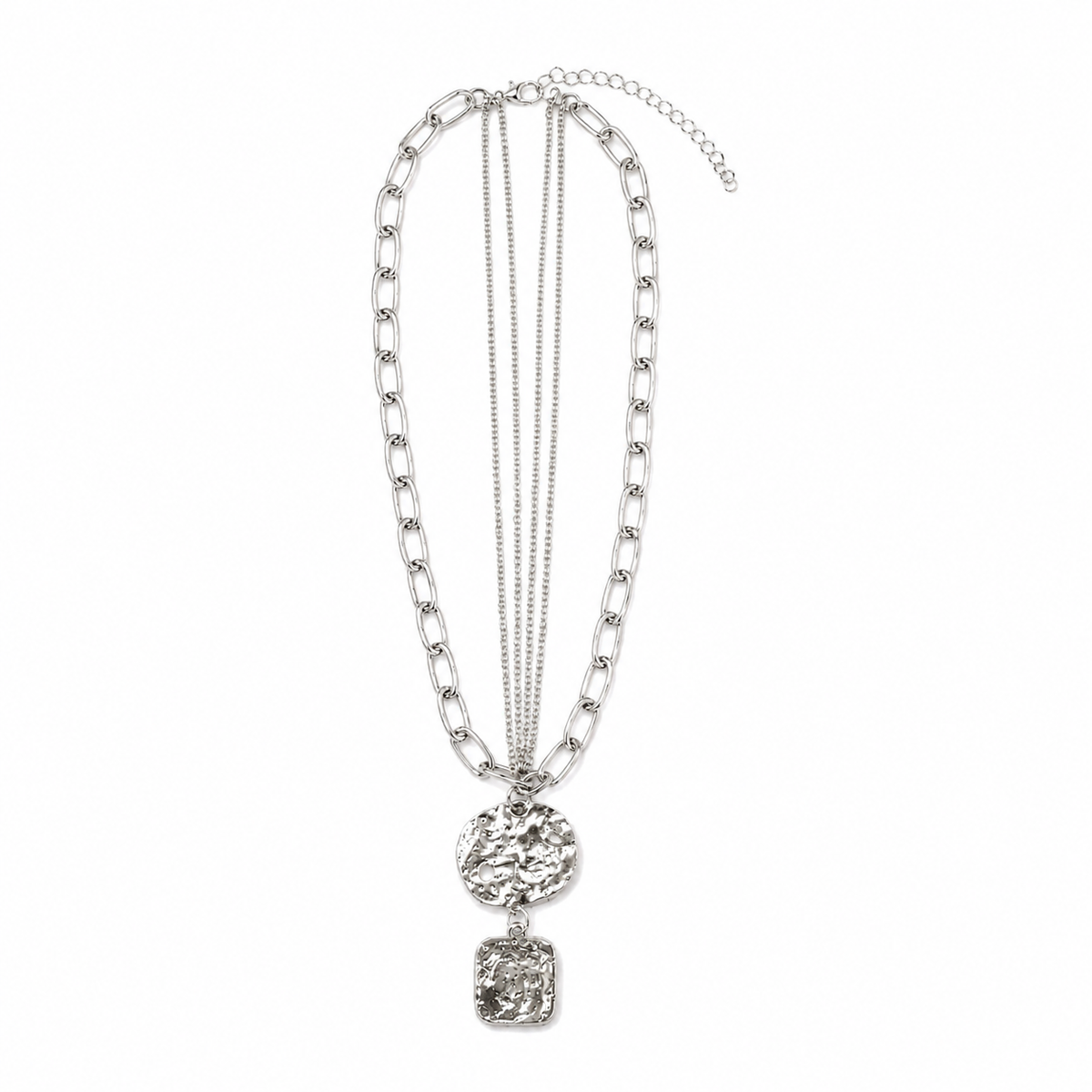 Silver-Tone 3 Layered Hammered Pendant Necklace