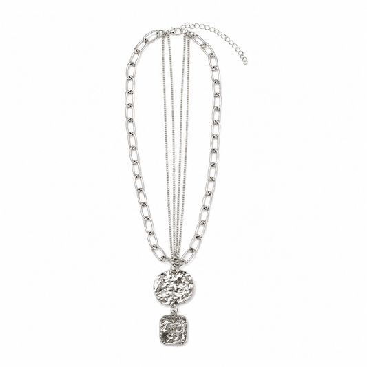Silver-Tone 3 Layered Hammered Pendant Necklace