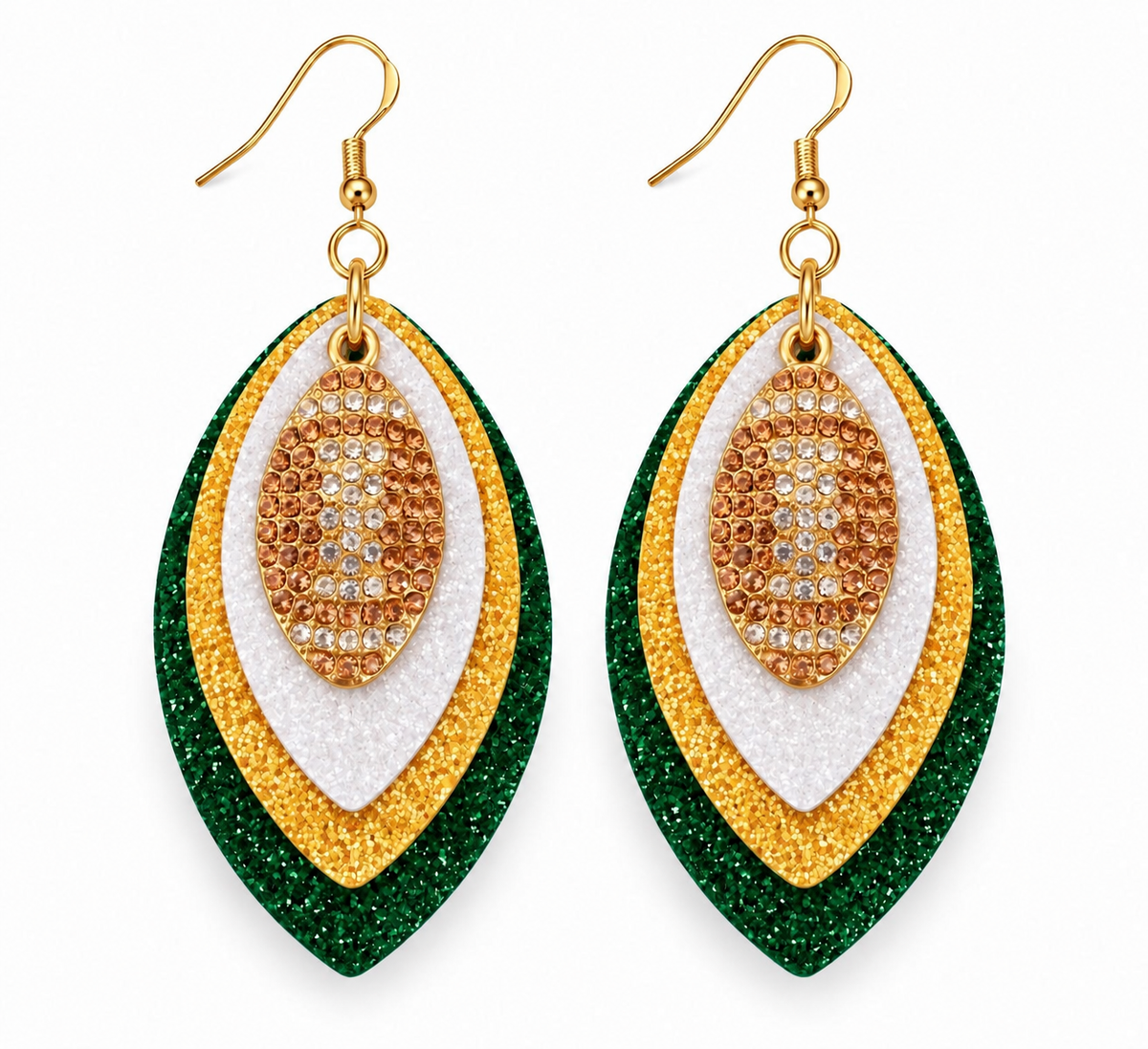 Game Day Green, Gold & White Glitter Football Earrings