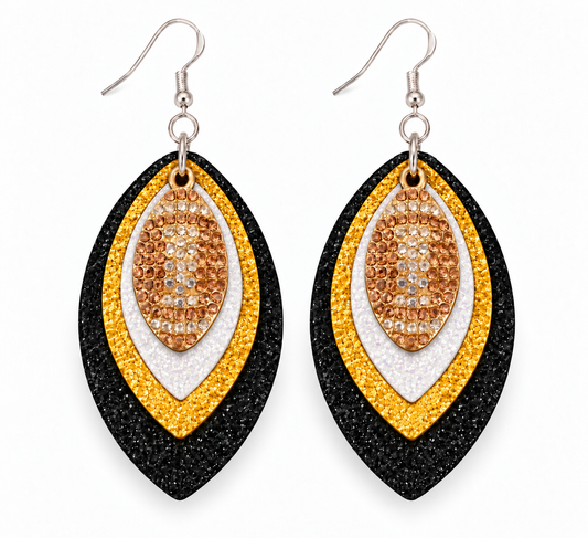 Game Day Black, Gold & White Glitter Football Earrings
