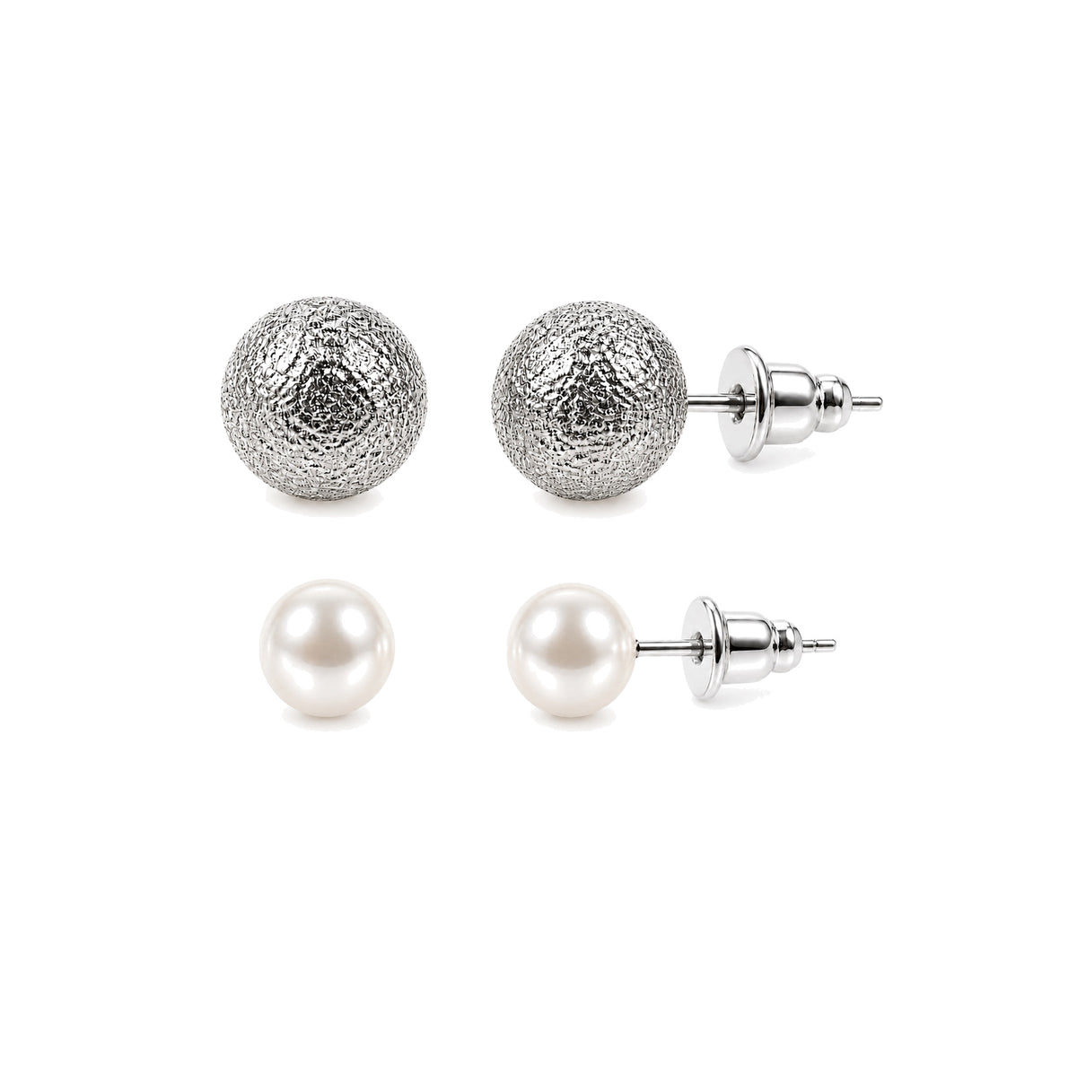 Silver-Tone Textured Ball & Pearl Stud Earring Set – 2 Pairs