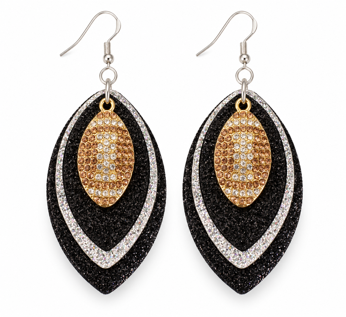 Game Day Black, Silver & Black Glitter Football Earrings