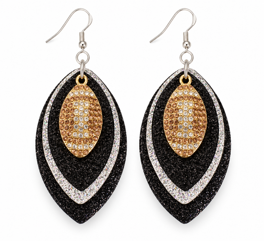 Game Day Black, Silver & Black Glitter Football Earrings