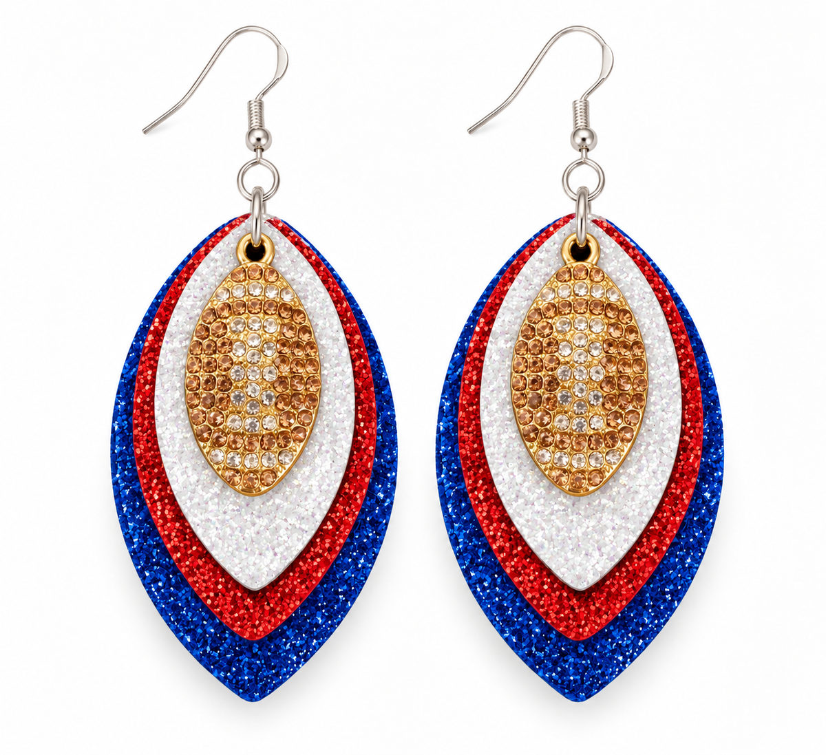 Game Day Navy Blue, Red & White Glitter Football Earrings