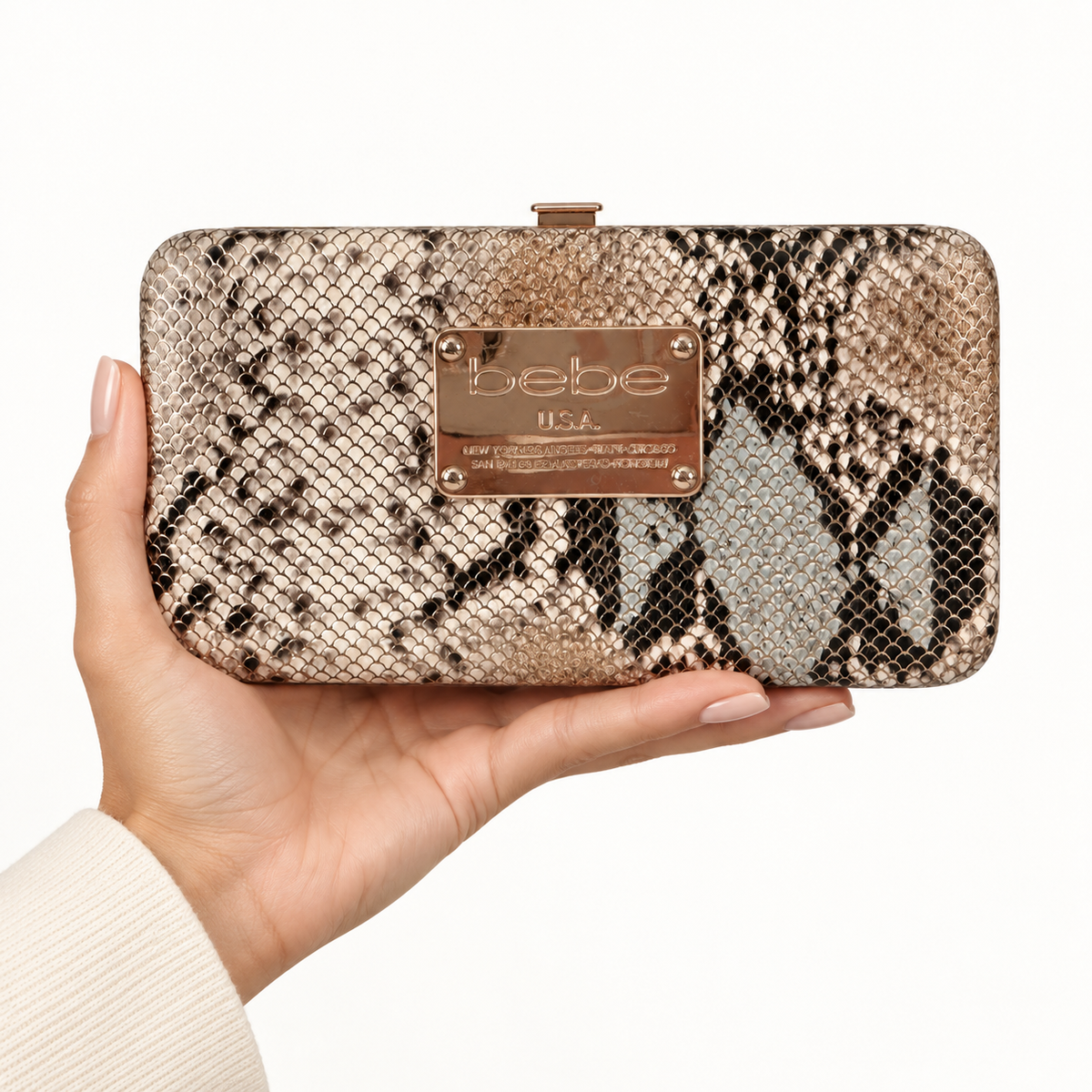 Pre-Loved Bebe Snakeskin-Print Hard-Frame Wallet Clutch