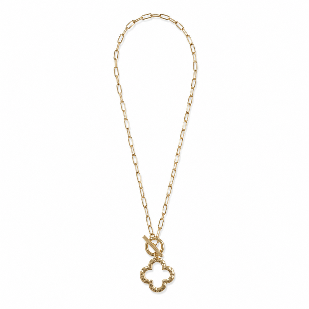 14K Gold-Plated Hammered Clover Paperclip Necklace