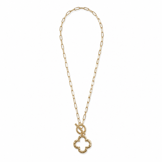 14K Gold-Plated Hammered Clover Paperclip Necklace