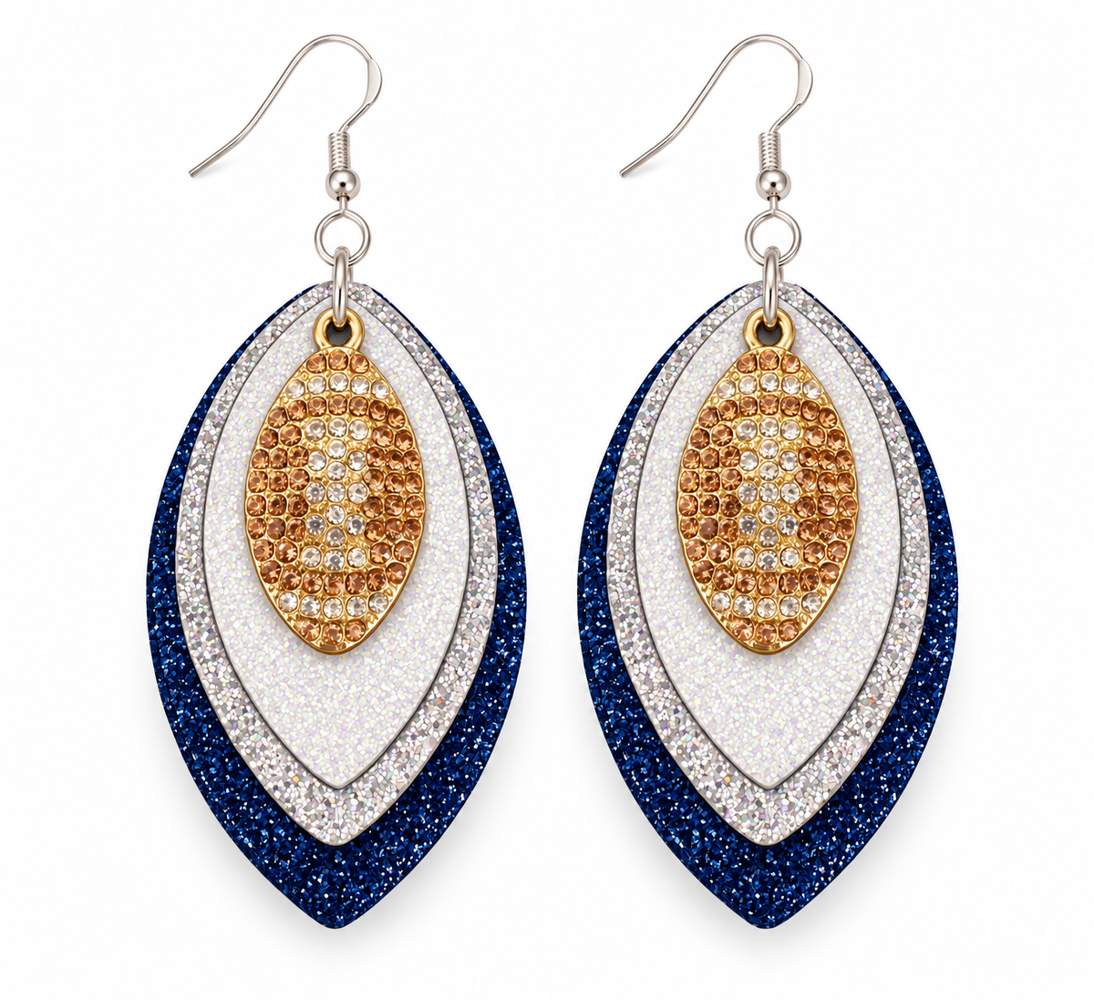 Game Day Navy Blue, Silver & White Glitter Football Earrings