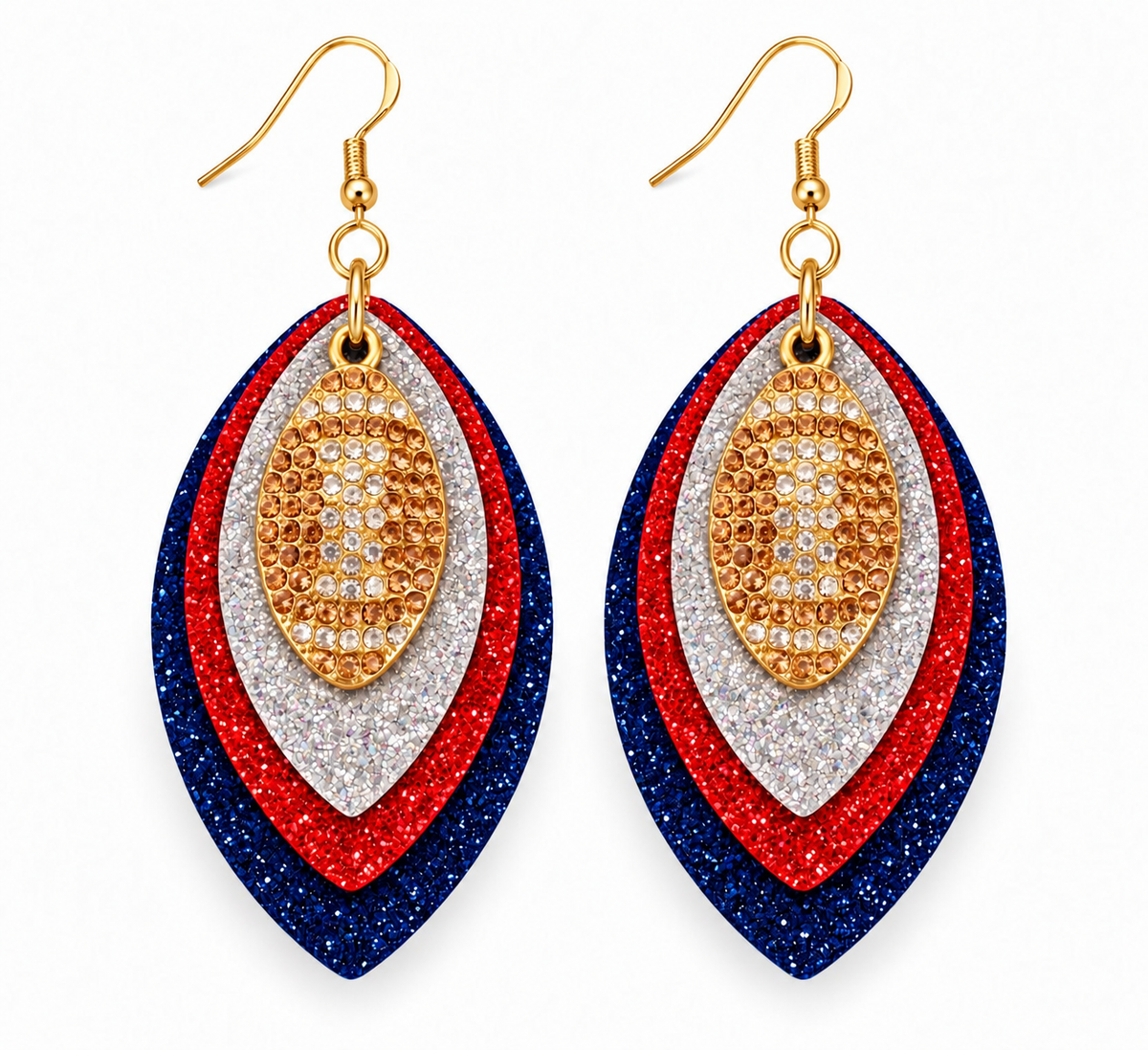 Game Day Navy Blue, Red & Silver Glitter Football Earrings