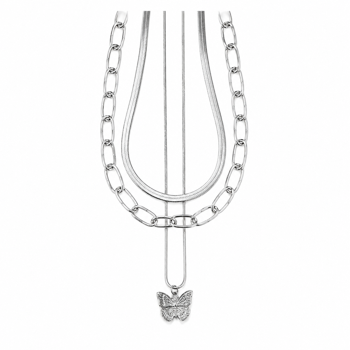 Silver-Tone 3 Layered Butterfly Necklace