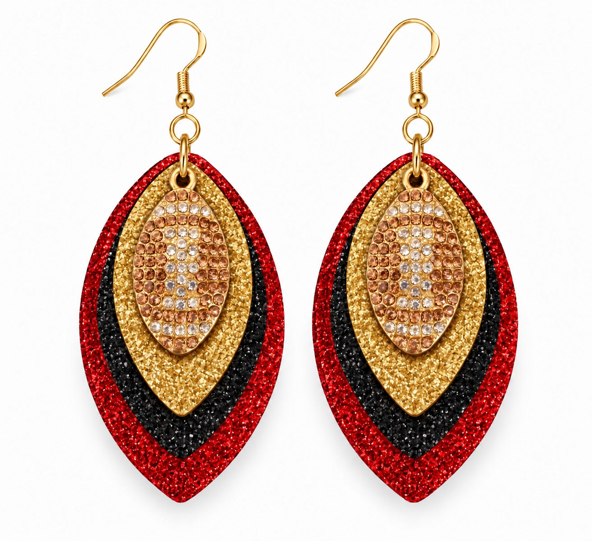Game Day Red, Black & Gold Glitter Football Earrings