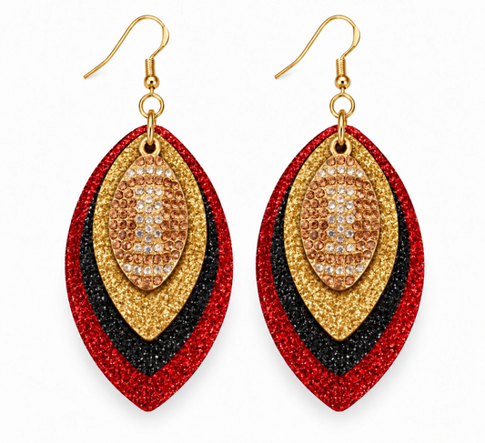 Game Day Red, Black & Gold Glitter Football Earrings